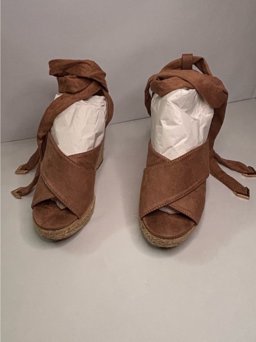 Bella Marie Faux Suede Wrap Espadrille Wedge Sandals in Brown Sz 7